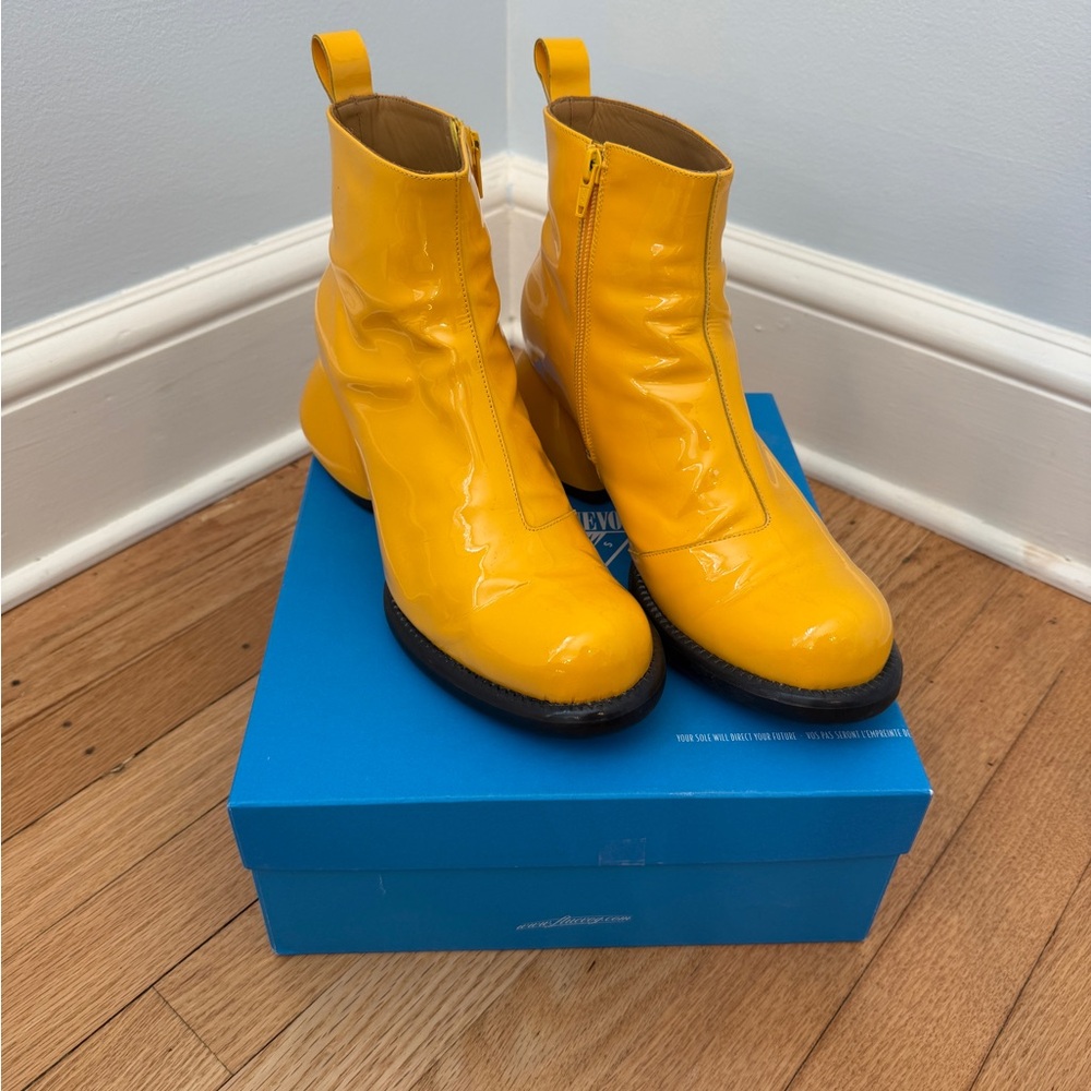 John Fluevog Yellow Patent Ankle Boots with Front Zip